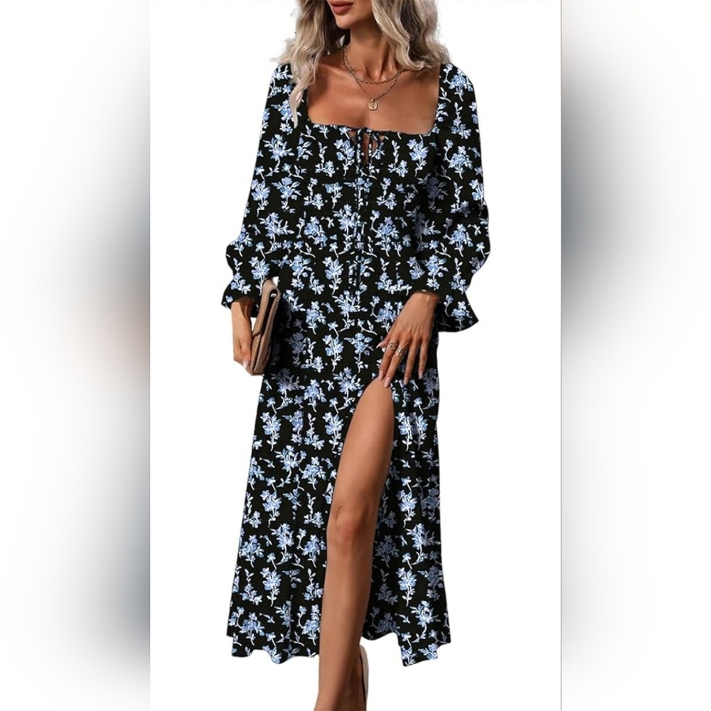 NWOT Floral Black and Blue Maxi Dress